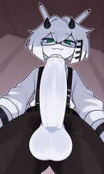 1boy 2d ai_generated anthro balls bangs belt black_horns black_pants black_pupils blush blushing bob_cut close-up closed_mouth closed_mouth_smile cowboy_shot erect_penis erection eyebrows facing_viewer fangs feet_out_of_frame foreskin from_below full_body functionally_nude functionally_nude_male fundamental_paper_education glans glasses gradient_background green_eyes hair hi_res highres horns huge_cock huge_penis humanoid long_penis looking_at_viewer male male_only medium_hair mister_demi_(fundamental_paper_education) musical_note no_humans pants partially_clothed partially_clothed_male pencil penis penis_focus raised_eyebrows shirt small_horns smile solo standing striped_body suspenders tagme unbuttoned unbuttoned_pants unfastened white_body white_hair white_shirt white_skin