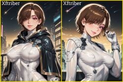 1girls ai_art ai_generated ass big_ass bodysuit brown_eyes brown_hair city cloak clothed evie_(stellar_blade) female latex lips lipstick makeup medium_breasts neon_lights plugsuit sexy_female sexy_pose shift_up short_hair skin_tight skintight_bodysuit skintight_clothing slim_waist smile solo_focus starry_sky stellar_blade stellar_blade:_blood_rain thick_thighs white_bodysuit white_suit xftriber