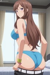1girl ai_generated ass bed bedroom belt black_pants blue_bra blue_panties blush bra bracelet breasts brown_hair closed_mouth clothes_pull curtains digitalwaifugallery from_behind hi_res high_quality high_resolution indoors large_breasts long_hair looking_at_viewer looking_back panties pants pants_pull patreon pillow pulled_by_self purple_eyes seductive sexy solo standing tsukii_honoka uncensored underwear undressing watermark window