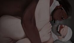 2boys drooling gay_sex hank_j._wimbleton hugging interracial madness_combat male_only male_penetrating_male no_clothes sanford_(madness_combat) scars stiches waxxeddoghouse
