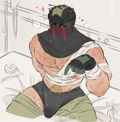 1boy bandage bandages bara bara_tits barazoku big_penis blood_stain blue_eyes blushing blushing_at_viewer blushing_male body_hair boxers boxers_(clothing) bulge bulge_through_clothing call_of_duty chest_hair chest_tuft gloves hearts_around_head helmet injury konig large_penis male male_only male_tits mask masked masked_male pants pants_pulled_down precum precum_drip precum_through_clothing pubes pubic_hair pubic_hair_peek scar scars scars_all_over solo sweat sweaty sweaty_body tight_clothing tight_underwear underwear wdp66281167