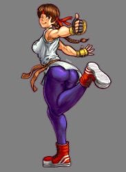 1girls big_ass big_breasts brown_eyes brown_hair fat_ass from_behind hairband karate_gi king_of_fighters leggings skirt sneakers sportswear thick thick_ass thumbs_up tongue tongue_out yoga_pants yuri_sakazaki