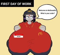 dialogue gray_skin large_ass large_breasts mcdonald's nametag ogre_jack raven_(dc) tagme text uniform wide_hips