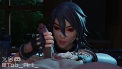 3d 3d_(artwork) alternate_version_available bandage bandage_on_nose big_penis black_hair black_hair_female clothed clothed_female clothing completely_nude completely_nude_male dark_room earings era_(fortnite) facepaint fingerless_gloves fortnite fully_clothed fully_clothed_female hair_between_eyes hand_on_chest handjob laying_down laying_on_back long_hair long_hair_female looking_at_penis mouth_open nude nude_male open_mouth penis pov pov_eye_contact pov_male tob_art_ watermark