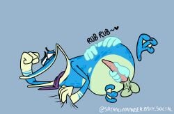 accurate_art_style accurate_body_type alternate_version_available amphibian big_mouth blue_body blue_skin caressing disembodied_hand disembodied_hands globox laying_down long_tongue male male_only masturbation penis rayman_(series) rayman_origins solo srirachamander tagme textless_version ubisoft