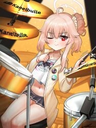 1girl blue_archive blush halo natsu_(band)_(blue_archive) natsu_(blue_archive) one_eye_closed panties pink_hair red_eyes skirt solo