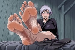 1girl ai_generated bleach bleach:_the_thousand-year_blood_war blush ca1nhurst feet flip_flops foot_fetish foot_focus isane_kotetsu kimono kotetsu_isane large_breasts nervous presenting_feet purple_hair shoes_removed short_hair shy sitting smile spread_toes steaming_body sweat sweatdrop toe_rings