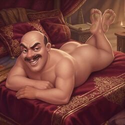 1boy ai_generated ass bald bed bedroom butt dirty_feet facial_hair feet gay human human_only light-skinned_male light_skin male male_only mammal mansion match mature mature_male moustache mustache rich_man smile soles solo solo_focus solo_male white_male