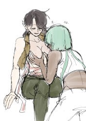 black_hair breast_squeeze cinder_fall dark-skinned_female emerald_sustrai green_hair interracial_yuri pale-skinned_female rwby