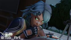 3d 3d_(artwork) alternate_version alternate_version_available bandage bandage_on_nose big_penis blowjob clothed clothed_female clothing completely_nude completely_nude_female continuation cyan_hair cyan_hair_female era_(fortnite) facepaint fingerless_gloves fortnite fully_clothed fully_clothed_female gloves glowing_eyes hair_ornament hand_on_chest handjob handjob_while_sucking laying_down laying_on_back looking_at_partner nude nude_male oral oral_penetration oral_sex penis short_hair short_hair_female shoulder_pad tob_art_ watermark