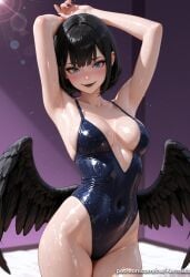 1girl ai_generated armpits arms_behind_head arms_up bare_hips black_hair black_lips black_nails black_wings blue_eyes blue_one-piece_swimsuit blush breasts casual_one-piece_swimsuit cleavage collarbone covered_navel cowboy_shot feathered_wings groin highleg highleg_swimsuit hotel_transylvania kermixx large_breasts lens_flare lipstick looking_at_viewer low_wings makeup mavis_dracula medium_breasts nail_polish one-piece_swimsuit open_mouth patreon_username presenting_armpit shiny_clothes shiny_skin short_hair smile solo swimsuit thighs wet wet_clothes wet_swimsuit wings