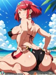 adjusting_bikini ai_generated ass beach bikini chichiueai kneeling pyra pyra_(xenoblade) smile