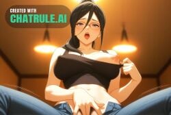 1girl 8k absurd_res accessories ai_assisted ai_generated anime_screencap beautiful black_hair blue_eyes close_up cowboy_shot crop_top depth_of_field face_focus fingering hair_between_eyes high_detail high_res hires jeans jeans_down legs_open lights_off lipstick long_hair looking_at_viewer looking_back_at_viewer masturbating mature_female midriff moaning model_pose narrow_waist nip_slip open parody perfect_anatomy perky_nipples pinup ponytail posing pubic_hair pussy_exposed realistic solo squatting upper_body