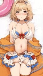 1girls akita_hika bikini blonde blonde-haired_female blonde_female blonde_hair blue_swimsuit blush blushing bob_cut breasts breasts_out brown_eyes djeeta_(granblue_fantasy) dress_swimsuit exposed_breasts female granblue_fantasy lifting_own_clothes medium_breasts navel official_alternate_costume short_hair skirt skirt_lift swimsuit white_bikini