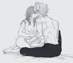 1boy 1girl back barefoot breasts clothed_male_nude_female collarbone commentary_request completely_nude fingering hetero honkai:_star_rail honkai_(series) kiss medium_breasts medium_hair nipples nude pants phainon_(honkai:_star_rail) sb_(sbixinsky) short_hair stelle_(honkai:_star_rail) thighs toes topless_male trailblazer_(honkai:_star_rail) yellow_eyes