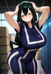 1girl :> ai_generated armpit_peek armpits arms_up asui_tsuyu black_eyes black_hair blue_shirt blush boku_no_hero_academia breasts closed_mouth curvy green_hair hair_between_eyes hair_rings hands_on_own_head huge_breasts indoors large_breasts long_hair low-tied_long_hair my_hero_academia reviaiart shirt smile solo sportswear sweat thick_thighs thighs tsuyu_asui wide_hips