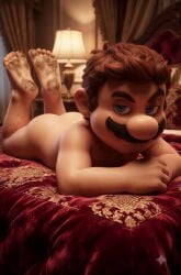 1boy ai_generated ass bed bedroom blue_eyes brown_hair butt dirty_feet feet gay human human_only indoors lamp light-skinned_male light_skin looking_at_viewer lying_on_stomach male male_only mammal mario mario_(series) mature mature_male mustache nintendo nude nude_male short_hair solo solo_focus solo_male