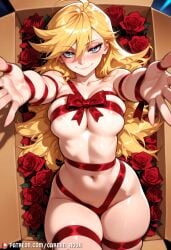 1girl ahoge ai_generated areola_slip blonde_hair blue_eyes blush box breasts carminroux closed_mouth collarbone flower hair_between_eyes in_box in_container large_breasts long_hair looking_at_viewer lying naked_ribbon navel on_back outstretched_arms panty_&_stocking_with_garterbelt panty_(psg) panty_anarchy patreon_logo patreon_username red_flower red_ribbon red_rose ribbon rose skindentation smile solo thighs web_address