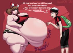 1boy 1girls alternate_breast_size back_problems belly big_ass big_belly big_breasts big_butt blue_eyes bra brendan_(pokemon) brendan_(pokemon_oras) brown_eyes brown_hair chubby_cheeks embarrassed female female_focus game_freak headband headgear hyper hyper_belly knee_problems looking_at_another looking_away male maniacalfork may_(pokemon) may_(pokemon_oras) medium_hair nintendo obese onomatopoeia overweight peak_female_performance pointing pokemon pokemon_oras red_background simple_background speech_bubble text thick_ass thick_legs thick_thighs tight_clothing tight_fit video_games watermark weight_gain