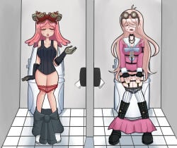 2girls boku_no_hero_academia crossover danganronpa danganronpa_v3 hatsume_mei implied_scat iruma_miu mei_hatsume miu_iruma my_hero_academia panties_down panties_pulled_down pooping skirt_down skirt_pull source_request toilet toilet_use
