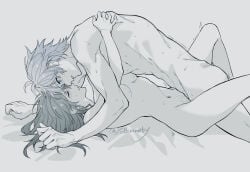 1boy 1girl artist_name blue_eyes closed_eyes commentary_request completely_nude couple from_side greyscale hetero honkai:_star_rail honkai_(series) hug looking_at_another lying medium_hair missionary monochrome nude on_back phainon_(honkai:_star_rail) sb_(sbixinsky) sex short_hair spot_color stelle_(honkai:_star_rail) trailblazer_(honkai:_star_rail) twitter_username watermark