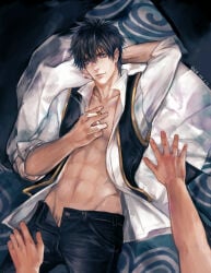 2boys abs babyfoxcc black_hair blue_eyes cigarette gay gintama gintoki_sakata hijikata_toshiro imminent_sex looking_at_viewer male male_only male_pov open_pants open_shirt pov pubic_hair_peek shinsengumi_(gintama) sleeves_rolled_up smile smoking solo_focus toned toned_male uniform yaoi