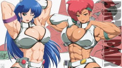 2girls abs biceps blue_hair breasts dirty_pair female hair kei_(dirty_pair) long_hair muscles muscular muscular_arms muscular_female pink_hair rentb yuri_(dirty_pair)