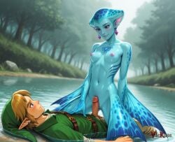 1boy 1girl ai_generated aquatic_humanoid blue_skin clothed_male_nude_female cowgirl_position girl_on_top imminent_penetration imminent_sex imminent_vaginal lake link partially_submerged penis_out princess_ruto purple_earrings purple_eyes small_breasts the_legend_of_zelda the_legend_of_zelda:_ocarina_of_time webbed_hands wet zora