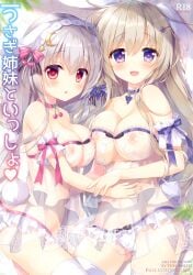 2girls ameto_yuki asymmetrical_docking blonde_hair braided_hair braided_ponytail breasts collar detached_sleeves dress female female_only frilled_dress frills hair_ornament hair_ribbon headdress highres large_breasts long_hair low_braid low_twintails nipples nipples_visible_through_clothing open_dress original see-through see-through_clothing tied_hair twin_braids white_hair