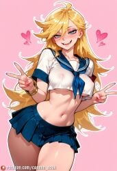 1girl ahoge ai_generated blonde_hair blue_eyes blue_sailor_collar blue_skirt blush bracelet breasts carminroux covered_nipples crop_top double_v heart jewelry large_breasts long_hair looking_at_viewer medium_breasts midriff miniskirt navel neckerchief no_bra open_mouth panty_&_stocking_with_garterbelt panty_(psg) panty_anarchy patreon_username pink_background pink_nails pleated_skirt sailor_collar school_uniform serafuku shirt short_sleeves simple_background skirt smile solo teeth thighs underboob v white_shirt