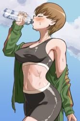 1girls brown_hair brown_hair_female chie_satonaka clothed_female drinking drinking_water nico-mo persona persona_4 persona_4_revival persona_4_the_golden satonaka_chie solo_female sports_bra sweaty_body water_bottle
