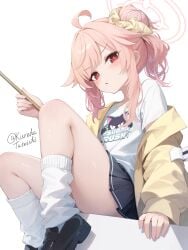 1girl blue_archive blush halo natsu_(band)_(blue_archive) natsu_(blue_archive) pink_hair red_eyes solo solo_female tateishi_kureha thick_thighs