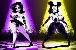 2girls ankh arm_sleeves artist_signature bare_back bare_legs bare_shoulders big_breasts bodysuit breasts cartoony cel_shading checkered_floor choker cleavage clothes_swap crossover crossover_cosplay dimples dress eyelashes eyeshadow full_body gloves goth goth_girl gothic gothic_girl hand_on_hip high_heels large_breasts looking_down looking_down_at_breasts looking_down_at_butt looking_down_at_self medium_hair monochrome original original_character pale-skinned_female pale_skin plump revealing_clothes revealing_dress rustysh4ckl3ford sally_mcboing shiny_clothes shiny_hair sideboob simple_background skimpy skimpy_clothes skimpy_dress skirt solo solo_female spotlight surprised surprised_expression swapped_clothes textless textless_version thick thick_ass thick_thighs twin_buns violetta_ravenwing white_gloves white_skin white_skinned_female wide_eyed wide_hips