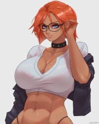 blue_eyes ginger ginger_hair glasses muscular muscular_female solo solo_female solo_focus tanned tanned_female tanned_skin zugzugmine