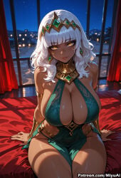 1girl ai_assisted ai_generated armlet bangs bare_shoulders bed blunt_bangs bracelet breasts cleavage curvaceous curvy curvy_female curvy_figure dark_skin dress earrings female huge_breasts jewelry large_breasts league_of_legends lips long_hair looking_at_viewer miyuai navel night pelvic_curtain qiyana_(league_of_legends) revealing_clothes silver_hair sitting sky smile solo thick thick_ass thick_butt thick_hips thick_legs thick_thighs thighs voluptuous voluptuous_female wide_hips wide_thighs yellow_eyes