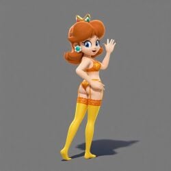 1girl ai_assisted ai_edit barefoot blue_eyes brown_hair crown earrings edit from_behind garter_straps lace-trimmed_bra lace-trimmed_panties lingerie looking_at_viewer looking_back mario_(series) nintendo open_mouth princess_daisy screencap shadow simple_background solo thighhighs waving