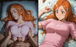 ai_generated bed bleach cum_on_clothes cum_through_clothes from_above grabbing_another's_breast hair_ornament inoue_orihime interrogation large_breasts long_hair lying_on_bed motion_blur motion_lines night orange_hair orihime_inoue paizuri paizuri_under_clothes penis pink_shirt pov sleeping straddling_paizuri