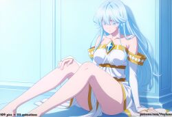 1girl 1girls absurd_res against_wall ai_assisted ai_generated anime ass ass_focus bare_legs blue_eyes blue_gem blue_hair blush boobs bottomless breasts bubble_butt butt butt_focus curvaceous curvy curvy_figure elfaria_albis_serfort female female_focus female_only gold_trim hand_on_thigh high_resolution highres hourglass_figure huge_ass huge_butt large_breasts light-skinned_female on_floor patreon patreon_logo patreon_username shiny_skin short_dress sitting solo solo_focus strapless_dress sweat thick_thighs thighs tsue_to_tsurugi_no_wistoria very_long_hair voluptuous wavy_hair white_dress wide_hips wistoria_wand_and_sword