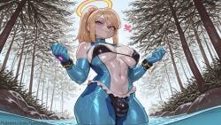 1girl ai_generated bikini black_bikini blonde_hair blue_bodysuit blue_eyes blush bodysuit breasts bulge covered_nipples day decurse forest futanari gloves halo heart large_breasts long_hair looking_at_viewer metroid mole mole_under_mouth nature navel outdoors ponytail samus_aran skin_tight sky smile solo swimsuit tree wading water wet zero_suit