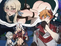 1girls 2boys arataki_itto arched_back artist_signature ass bare_ass blonde_hair blush bondage bubble_ass bubble_butt childe_(genshin_impact) daydream female genshin_impact ginger imagination imagining lumine_(genshin_impact) male male/female pervert pervert_male rope_bondage straight tartaglia_(genshin_impact) tied_up visible_breath
