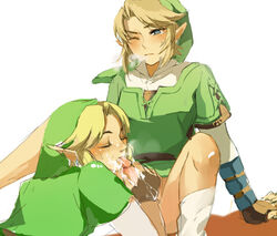 2boys blush bottomless closed_eyes cum cum_on_face duo facial fellatio fingerless_gloves gauntlets gay gloves hat headgear link link_(ocarina_of_time) link_(twilight_princess) linkcest male male/male male_only nintendo ocarina_of_time one_eye_closed oral pant penis pointy_ears selfcest spread_legs straight_hair the_legend_of_zelda twilight_princess uncensored white_background wink yaoi