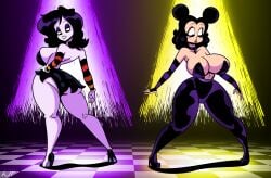 2girls alternate_version_available ankh arm_sleeves artist_signature bare_back bare_legs bare_shoulders big_breasts bodysuit breasts cartoony cel_shading checkered_floor choker cleavage clothes_swap colored crossover crossover_cosplay dimples dress eyelashes eyeshadow full_body gloves goth goth_girl gothic gothic_girl hand_on_hip high_heels large_breasts looking_down looking_down_at_breasts looking_down_at_butt looking_down_at_self medium_hair original original_character pale-skinned_female pale_skin plump revealing_clothes revealing_dress rustysh4ckl3ford sally_mcboing shiny_clothes shiny_hair sideboob simple_background skimpy skimpy_clothes skimpy_dress skirt solo solo_female spotlight surprised surprised_expression swapped_clothes textless textless_version thick thick_ass thick_thighs twin_buns violetta_ravenwing white_gloves white_skin white_skinned_female wide_eyed wide_hips