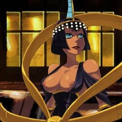 1girl ai_assisted ai_edit ankh black_hair blue_eyes dark-skinned_female dress eliza_(skullgirls) lipstick looking nipples screencap skullgirls solo up upper_body