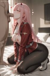 1boy 1girl ai_generated bangs black_legwear breasts breasts_outside darling_in_the_franxx fellatio hairband hetero hi_res high_quality high_resolution hiro_(darling_in_the_franxx) horns kneeling long_hair medium_breasts military military_uniform nipples oni_horns oral pantyhose patreon penis pillow pink_hair red_horns seductive sexy solo_focus uncensored uniform watermark white_hairband zero_two_(darling_in_the_franxx)