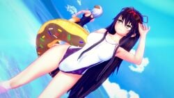 2girls background_character beach black_hair black_swimsuit blush clouds date_a_live dr.xidan17 hair_ribbon inner_tube large_breasts long_hair looking_at_viewer ocean one-piece_swimsuit sky standing summer sunglasses swimsuit thighs tobiichi_origami white_hair white_swimsuit yatogami_tohka