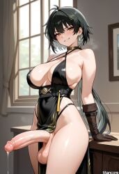 (titancore) ai_generated big_breasts black_hair cum_drip curvy_figure female futa futa_only futanari girl huge_cock long_hair multicolored_hair ponytail revealing_clothes rover_(wuthering_waves) smirking_at_viewer teasing_viewer video_game_character white_hair wuthering_waves yellow_eyes