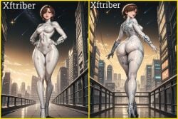 1girls ai_art ai_generated ass big_ass bodysuit brown_eyes brown_hair bubble_ass bubble_butt cameltoe city cloak clothed evie_(stellar_blade) female full_body high_heels latex lips lipstick makeup medium_breasts neon_lights plugsuit sexy_female sexy_pose shift_up short_hair skin_tight skintight_bodysuit skintight_clothing slim_waist smile solo_focus standing starry_sky stellar_blade stellar_blade:_blood_rain thick_thighs white_bodysuit white_suit xftriber