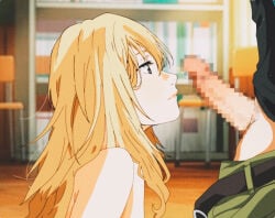 1boy 1girl belt black_belt black_shirt blonde_hair blurry blurry_background censored chair clothes_pull erection from_side green_pants hetero highres imminent_fellatio indoors looking_at_penis miyazono_kawori mosaic_censoring pants pants_pull penis shelf shigatsu_wa_kimi_no_uso shirt