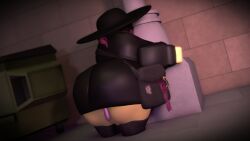 3d 3d_(artwork) 3d_model 3d_render artist_request ass ass_focus bag black_jacket condom condom_packet_strip condom_wrapper fat_ass filled_condom forsaken_(roblox) jacket jacket_open jane_doe_(forsaken) jane_doe_(roblox) leaning_forward leaning_on_object long_hat loose_clothes obscured_eyes pink_hair pony_tail roblox roblox_game tagme tagme_(artist) wide_brim_hat wide_brimmed_hat