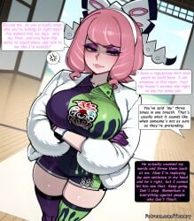 1girl ai_generated anger_vein asymmetrical_legwear big_ass bike_shorts_under_shorts blush breasts bubble_butt coat comic comic_page crossed_arms curvy drill_hair english_text eyeshadow flipped_hair fur_coat fur_jacket game_freak gloves gym_leader hair_bow hairband highres huge_breasts jacket klara_(pokemon) large_breasts lips looking_at_viewer makeup mismatched_legwear mole mole_under_mouth multiple_panels nintendo nintendo_switch patreon patreon_username phanary pink_eyeshadow pink_hair pink_lips player_character pokemon pokemon_sm pokemon_ss pokemon_sv pokemon_swsh print_shirt print_shorts print_thighhighs purple_eyes shaded_face shirt short_hair shorts solo speech_bubble spoken_anger_vein thick thighhighs thighs twin_drills victor_(pokemon) web_address white_jacket